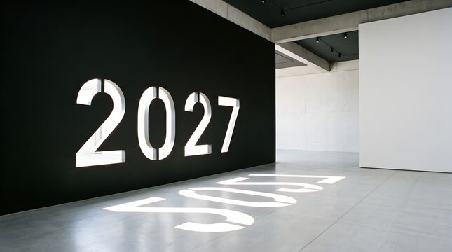 Dramatic Light Projection of 2027 Numbers in Empty Concrete Hall
