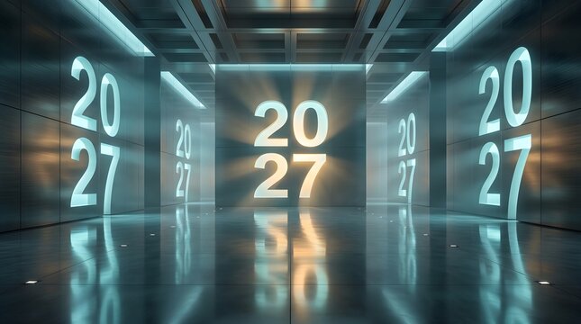 Futuristic Infinity Mirror Tunnel Corridor Illuminated 2027 Sign