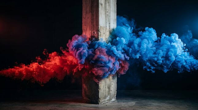Red and blue smoke clouds around concrete pillar