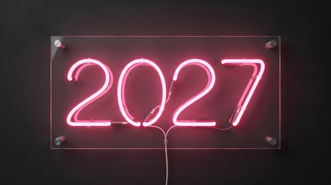 Pink Neon 2027 Sign Mounted on Transparent Glass Frame Wall
