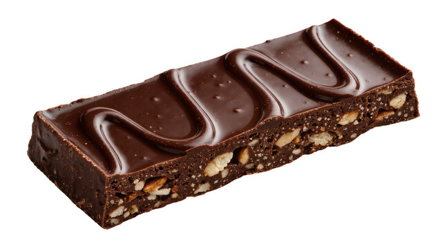 Dark chocolate bar with almonds and glossy swirl, isolated on transparent background