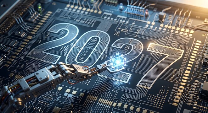 High Tech Computer Microchip Circuit Board 2027 Digital Concept