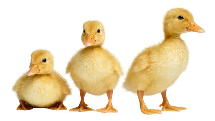 Three fluffy yellow ducklings standing in a row, isolated on transparent background © topngi