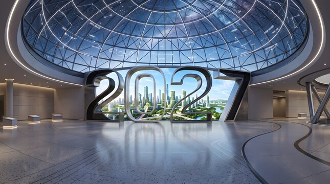 High Tech Futuristic Glass Dome Light Projection 2027 Space
