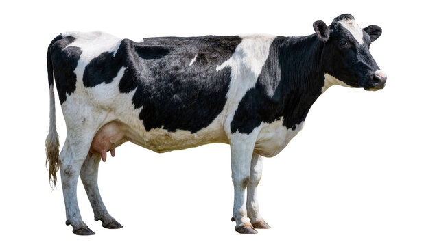 Black and white Holstein cow with udder, isolated on transparent background