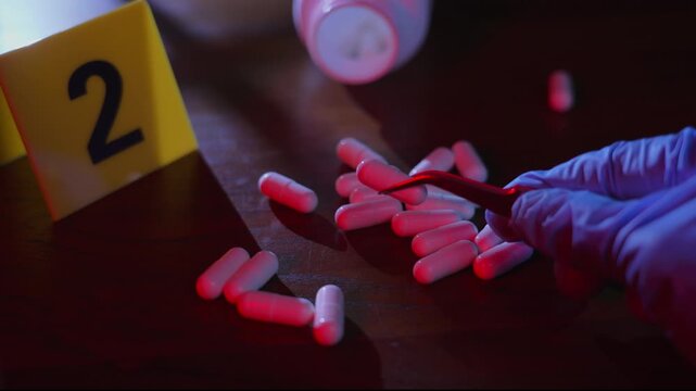 Drug overdose investigation, a gloved hand using tweezers to pick up and inspect a white capsule near a yellow marker on a wooden table under window frame shadows and police lights.
