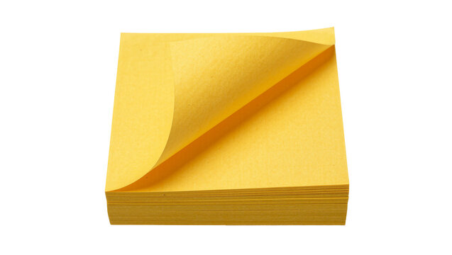 Stack of bright yellow sticky notes with one corner peeled back, isolated on transparent background