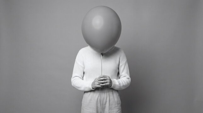 Person with Balloon Covering Face Standing Against Gray Background.