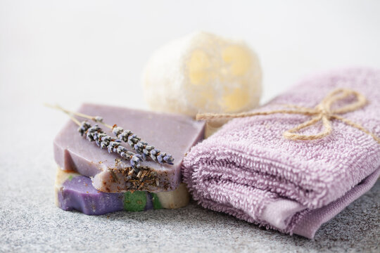Aromatic Natural Soap. Lavender Handmade soap bars  on table. No plastic concept