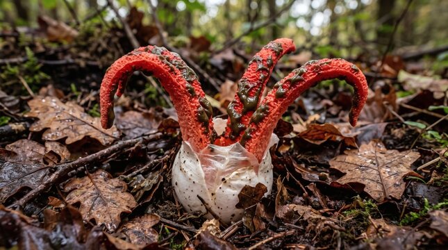 Unique red devils fingers mushroom growing in forest floor autumn leaves.