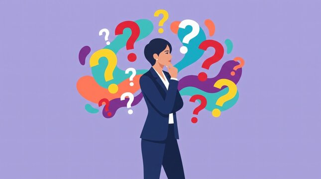 Businesswoman contemplating many colorful question marks representing confusion and decision making.