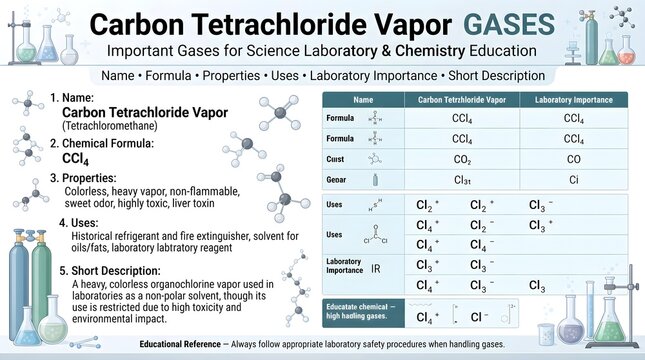 Carbon tetrachloride vapor gas educational laboratory chart showing formula CCl4, tetrahedral structure, chlorinated solvent history, density, toxicity, ozone depletion concerns, and handling safety 