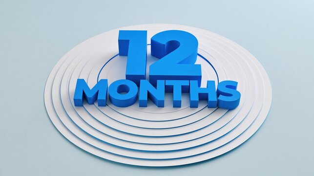 Geometric typography shows 12 MONTHS in cobalt blue above layered paper, symbolizing long-term planning and subscription.