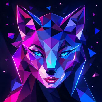 Neon Geometric Wolf: Polygon Art with Luminous Blue Eyes