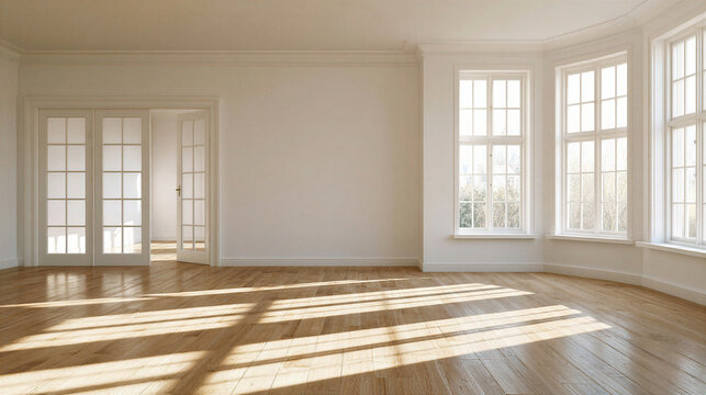 Vacant room modern minimalist interior bright sunlight bay window hardwood floor white wall open doorway bright vacant room with minimalist interior, sunlit bay window and wooden floor creating