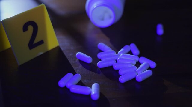 Evidence collection, a gloved hand putting a yellow marker beside scattered pills and a bottle on a wooden table under window frame shadows and police lights, dramatic mood, slow zoom in.