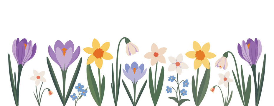 Handdrawn floral border frame with blooming spring flowers like crocuses and daffodils in a flat colorful vector style