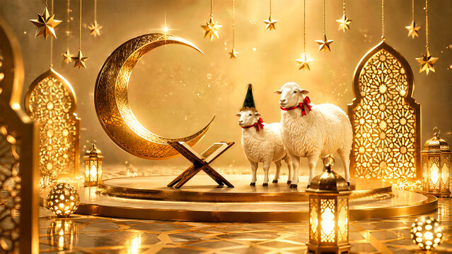 Luxury Eid al-Adha Islamic Celebration with Golden Crescent, Quran, Decorative Lanterns and Sheep