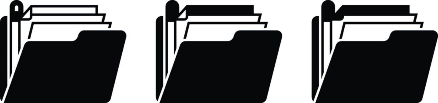 Three file folders containing organized documents in a row with document business organize management stationery collection silhouette