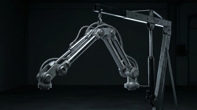 Articulated chrome robot arm hanging from a black crane frame in shadow