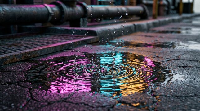 Vivid neon puddle splash with airborne droplets on wet cracked city asphalt