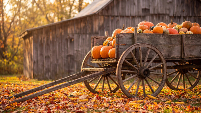 Wooden wagon filled with pumpkins parked in front of a rustic barn during autumn.