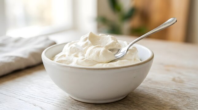 White ceramic bowl filled with whipped cream and a metal spoon on a wooden table