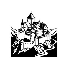 Obraz premium Medieval Castle Fortress on Rocky Hillside.