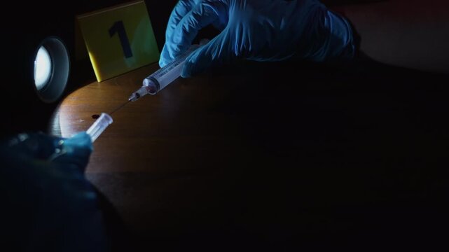 Criminal investigation of a gloved hand capping a bloody syringe and carefully placing it back beside a yellow evidence marker on a wooden floor under a flashlight and flashing police lights.
