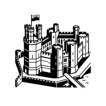 Medieval Castle Fortress with Flag and Bridge.
