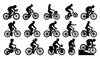 Fototapeta premium Cyclist silhouettes collection with different cycling poses and bicycles vector illustration
