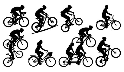 Fototapeta premium Dynamic bicycle riders and cycling silhouettes sport vector illustration set