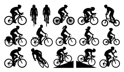 Fototapeta premium Cycling sport cyclist silhouettes in different riding poses vector set