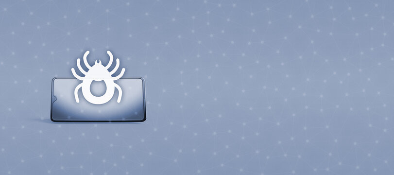 A white malware bug icon sits on top of a modern smartphone against a digital network background with copy space for technology, cybersecurity concepts, and software virus protection updates