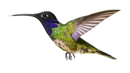 Iridescent green and purple hummingbird in flight with wings spread © Uxia