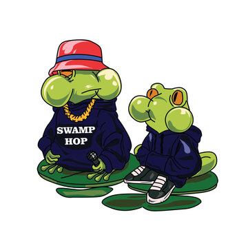 Two toads in a swamp are rapping hip-hop in the swamp.eps