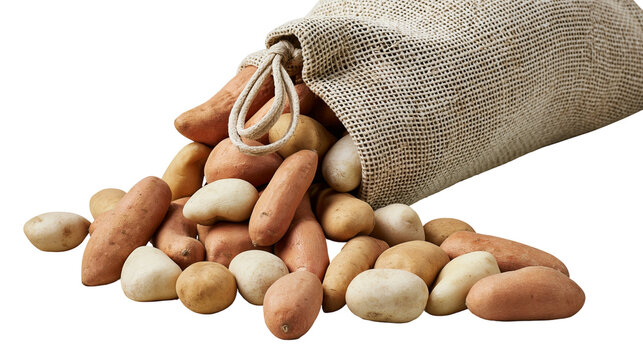 Raw unwashed potatoes spilling out of a rustic woven burlap sack
