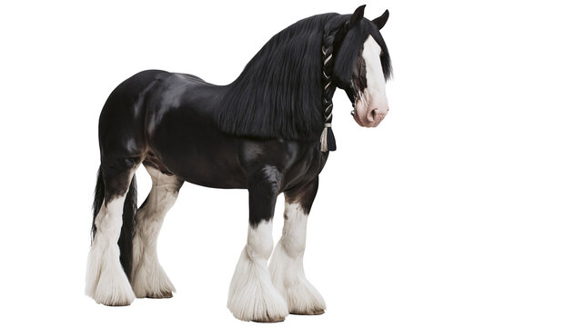 Black and white Shire horse with braided mane and feathered legs