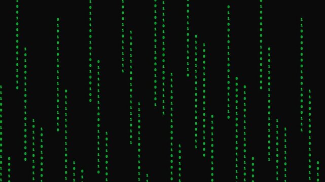 Falling binary code matrix animation with green numbers digital data stream technology background concept