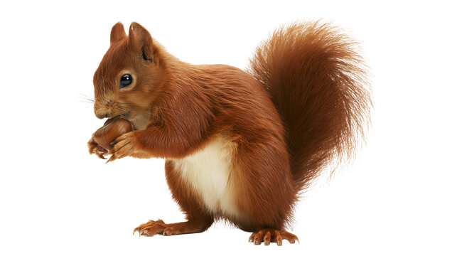 Red squirrel holding and eating a brown acorn with fluffy tail and white belly