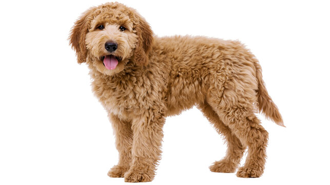 Fluffy golden brown Goldendoodle puppy standing with mouth open