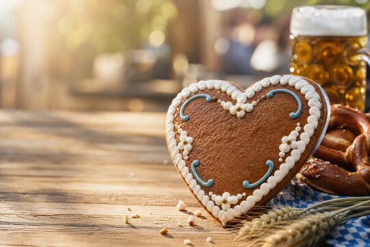 Blank Oktoberfest gingerbread heart with beer and pretzel on wooden table.