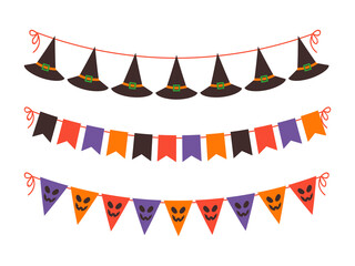 Fototapeta premium Halloween bunting and witch hat garland isolated on a transparent background