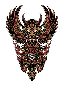 Japanese Oni demon mask graphic illustration with wings and ornate tribal details for tshirt design