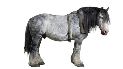 Dapple grey Shire horse with leather harness and long dark mane © Freja