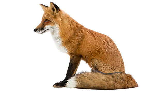 Red fox sitting with fluffy tail and white tipped fur