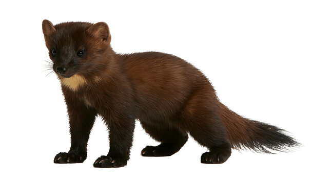 European pine marten with dark brown fur and cream throat patch standing