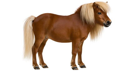 Brown Shetland pony with long blonde mane and tail standing in profile © Freja