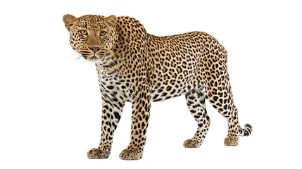 Fototapeta premium Full body side view of a majestic African leopard standing and looking forward