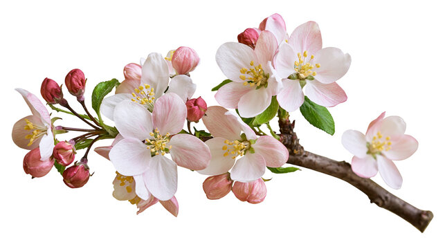Delicate pink and white apple tree blossoms on a brown branch with flower buds